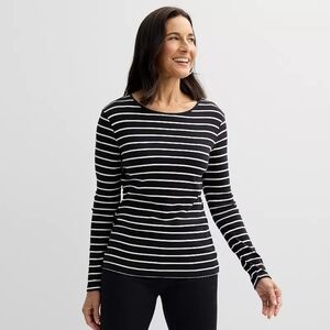 Croft & Barrow Essential Crewneck Long Sleeve Tee, Black Classy Stripe, 2X
